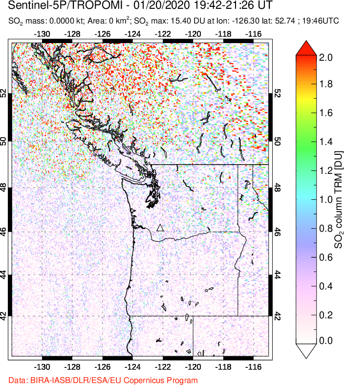 A sulfur dioxide image over Cascade Range, USA on Jan 20, 2020.