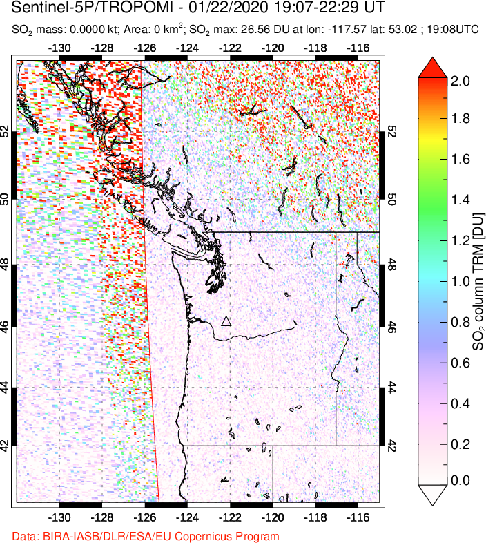 A sulfur dioxide image over Cascade Range, USA on Jan 22, 2020.