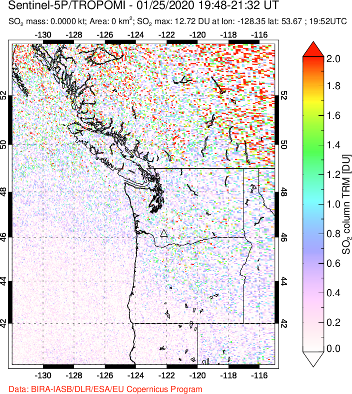 A sulfur dioxide image over Cascade Range, USA on Jan 25, 2020.