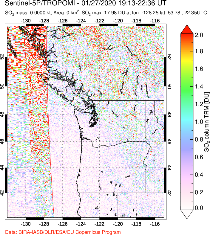 A sulfur dioxide image over Cascade Range, USA on Jan 27, 2020.