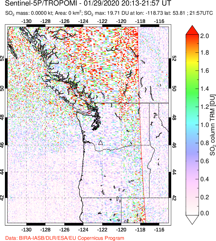 A sulfur dioxide image over Cascade Range, USA on Jan 29, 2020.