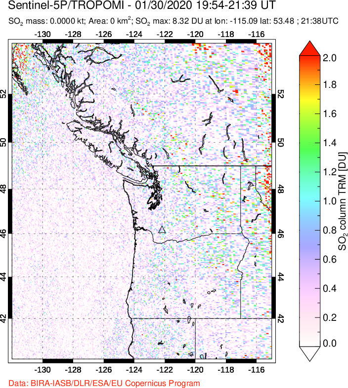 A sulfur dioxide image over Cascade Range, USA on Jan 30, 2020.