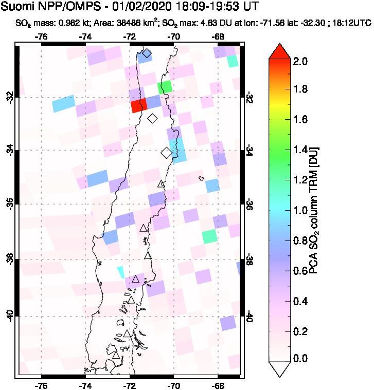 A sulfur dioxide image over Central Chile on Jan 02, 2020.