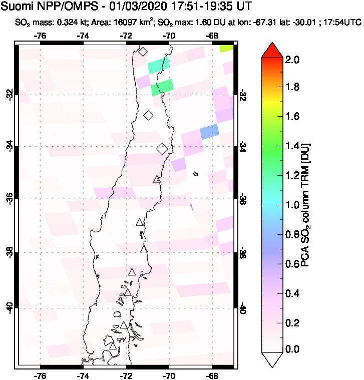 A sulfur dioxide image over Central Chile on Jan 03, 2020.