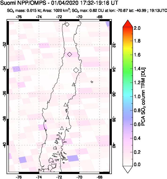 A sulfur dioxide image over Central Chile on Jan 04, 2020.