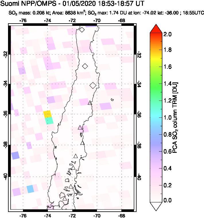 A sulfur dioxide image over Central Chile on Jan 05, 2020.