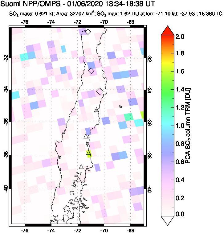 A sulfur dioxide image over Central Chile on Jan 06, 2020.