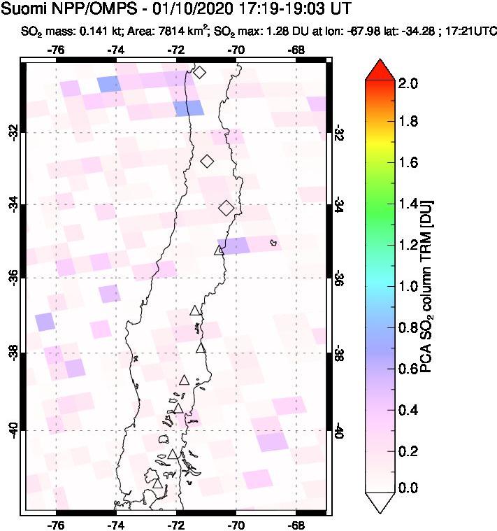 A sulfur dioxide image over Central Chile on Jan 10, 2020.