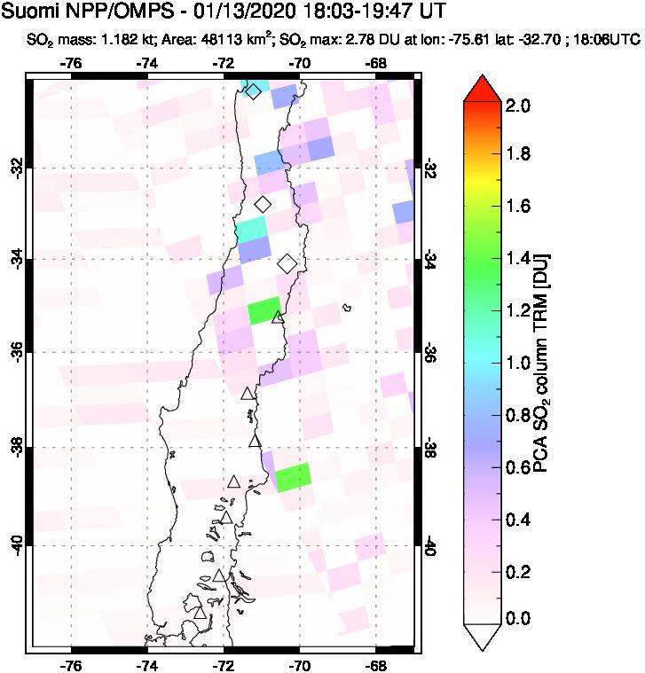 A sulfur dioxide image over Central Chile on Jan 13, 2020.