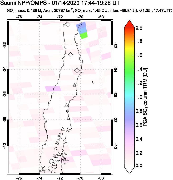 A sulfur dioxide image over Central Chile on Jan 14, 2020.