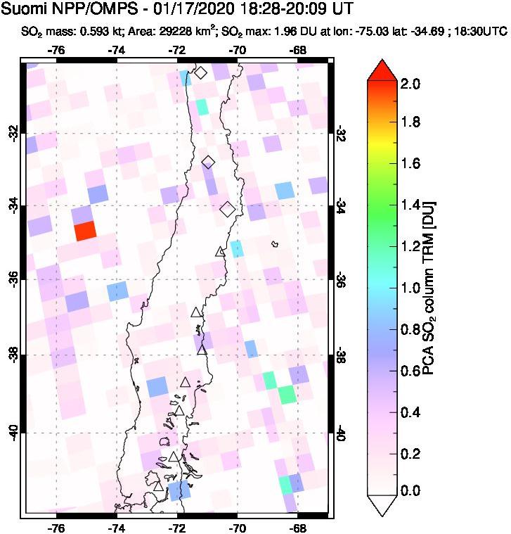 A sulfur dioxide image over Central Chile on Jan 17, 2020.