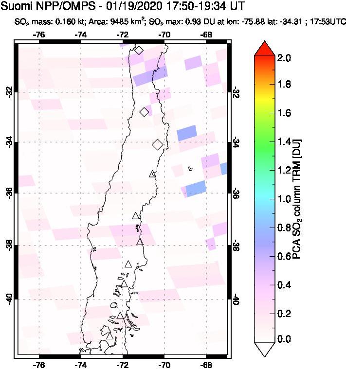 A sulfur dioxide image over Central Chile on Jan 19, 2020.