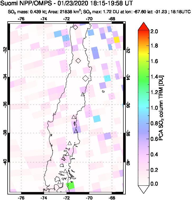 A sulfur dioxide image over Central Chile on Jan 23, 2020.