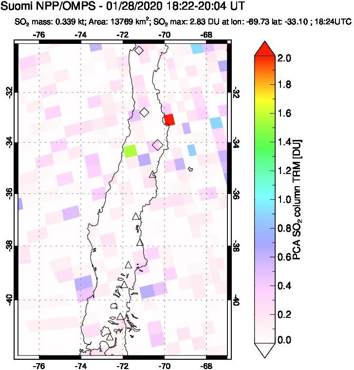 A sulfur dioxide image over Central Chile on Jan 28, 2020.