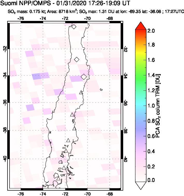 A sulfur dioxide image over Central Chile on Jan 31, 2020.