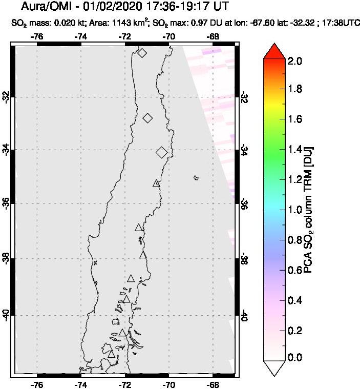 A sulfur dioxide image over Central Chile on Jan 02, 2020.