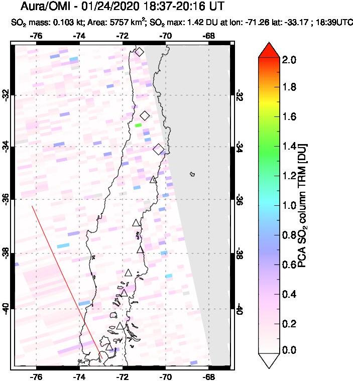 A sulfur dioxide image over Central Chile on Jan 24, 2020.