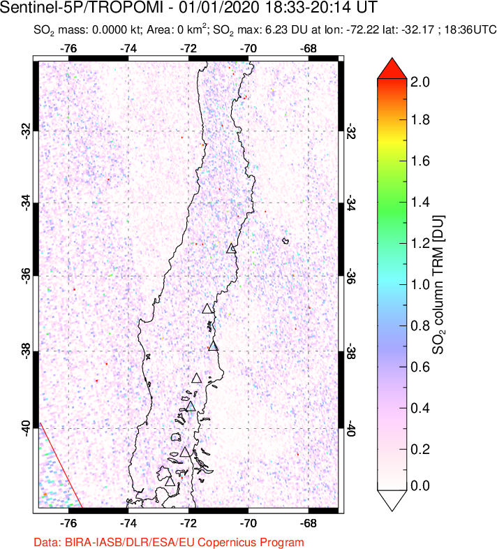 A sulfur dioxide image over Central Chile on Jan 01, 2020.