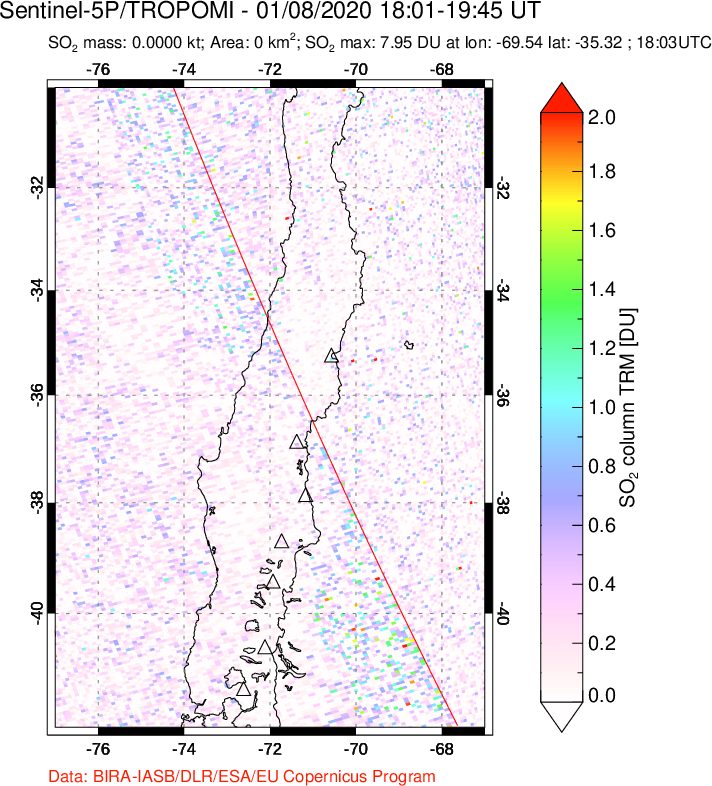 A sulfur dioxide image over Central Chile on Jan 08, 2020.