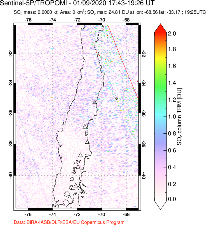 A sulfur dioxide image over Central Chile on Jan 09, 2020.