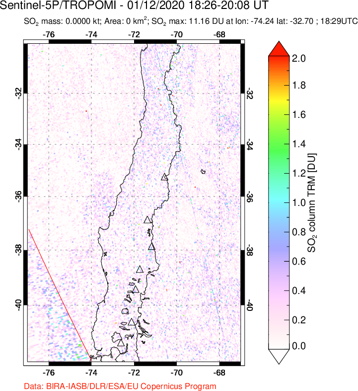 A sulfur dioxide image over Central Chile on Jan 12, 2020.