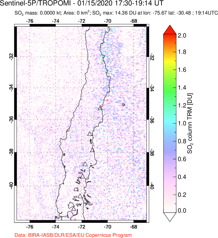 A sulfur dioxide image over Central Chile on Jan 15, 2020.