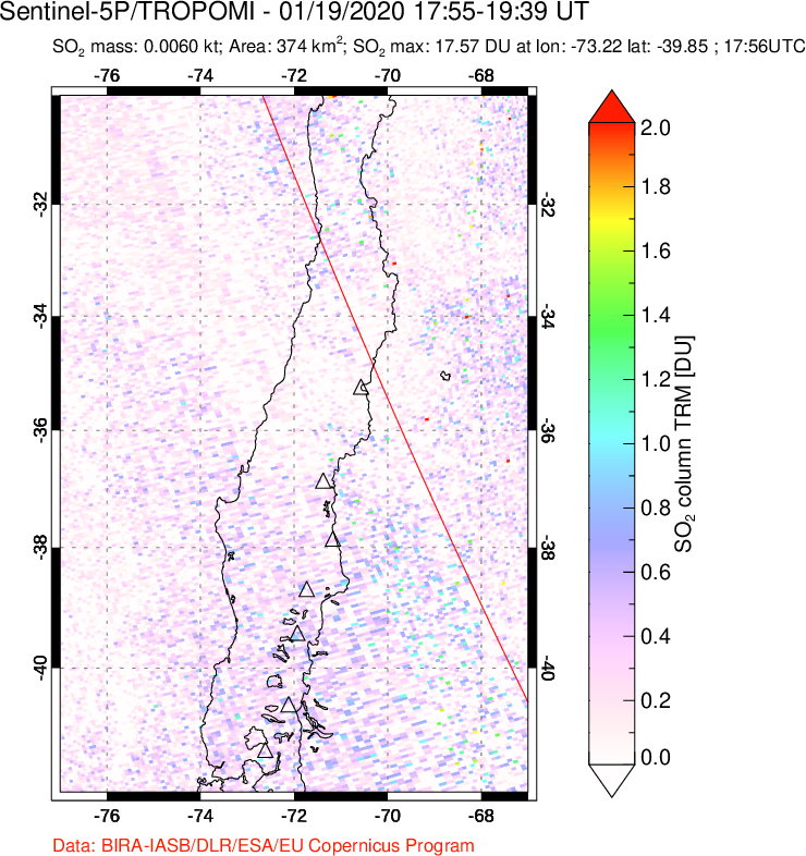 A sulfur dioxide image over Central Chile on Jan 19, 2020.