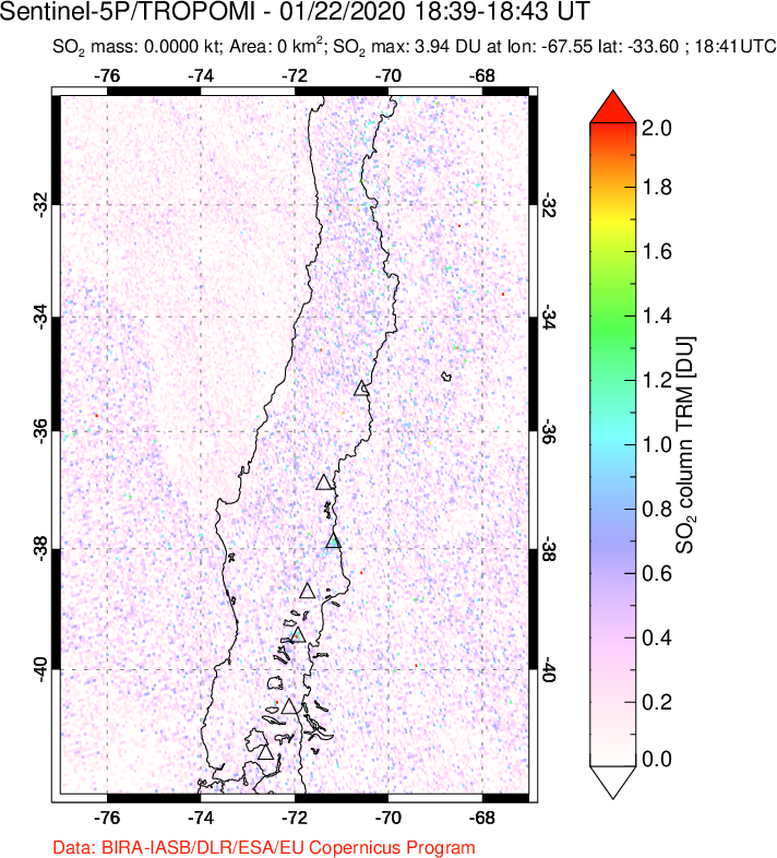 A sulfur dioxide image over Central Chile on Jan 22, 2020.