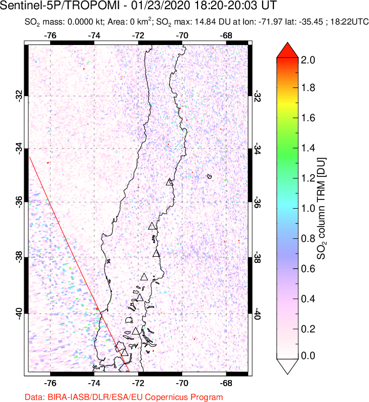 A sulfur dioxide image over Central Chile on Jan 23, 2020.