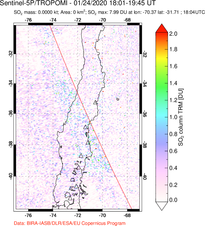 A sulfur dioxide image over Central Chile on Jan 24, 2020.