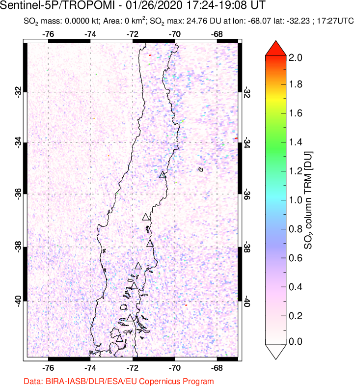 A sulfur dioxide image over Central Chile on Jan 26, 2020.