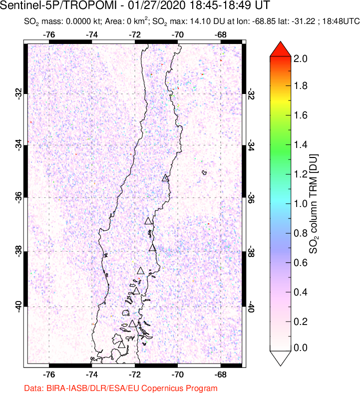 A sulfur dioxide image over Central Chile on Jan 27, 2020.