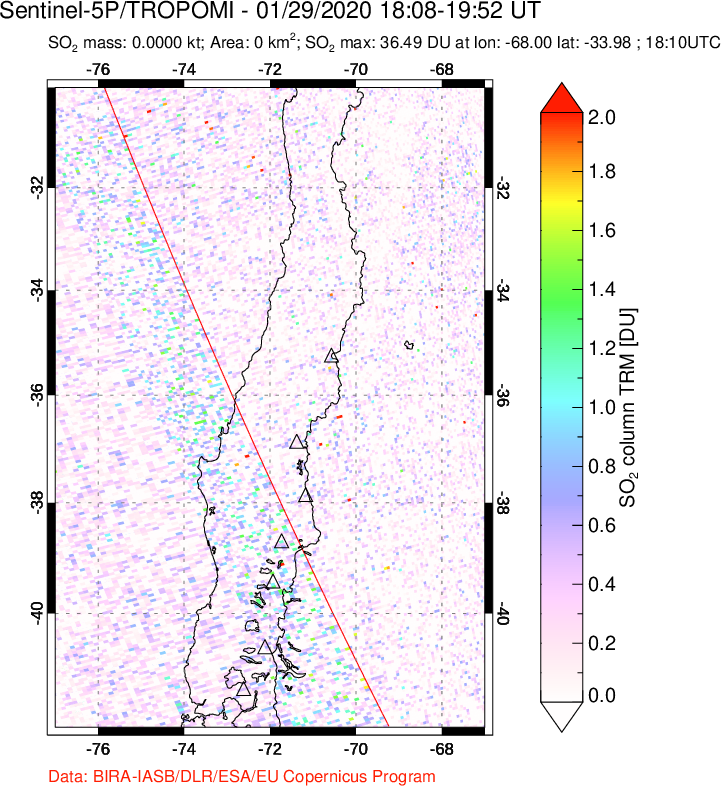 A sulfur dioxide image over Central Chile on Jan 29, 2020.
