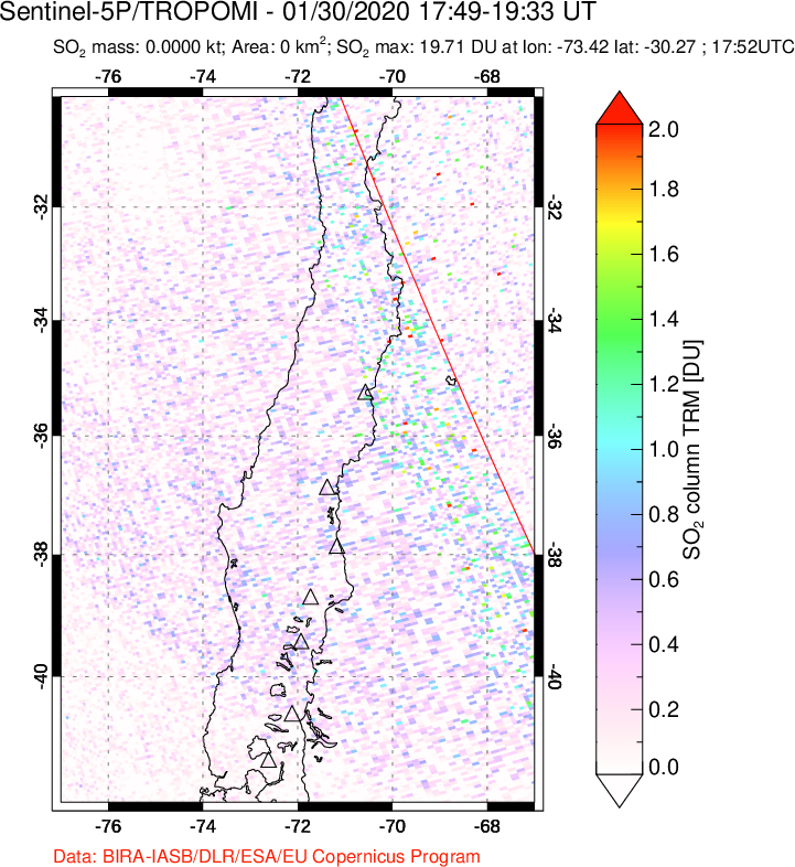 A sulfur dioxide image over Central Chile on Jan 30, 2020.