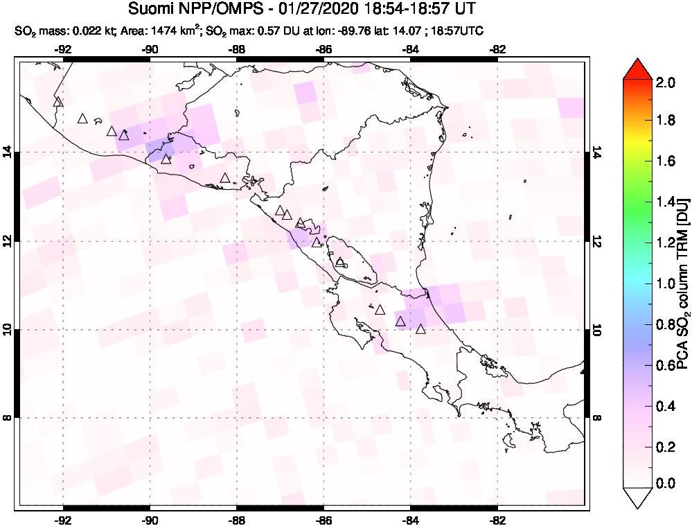 A sulfur dioxide image over Central America on Jan 27, 2020.
