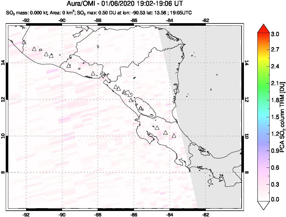 A sulfur dioxide image over Central America on Jan 06, 2020.