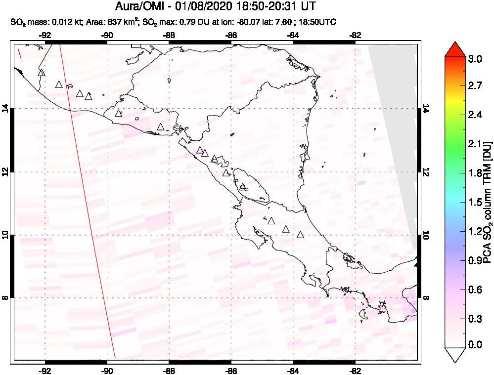 A sulfur dioxide image over Central America on Jan 08, 2020.