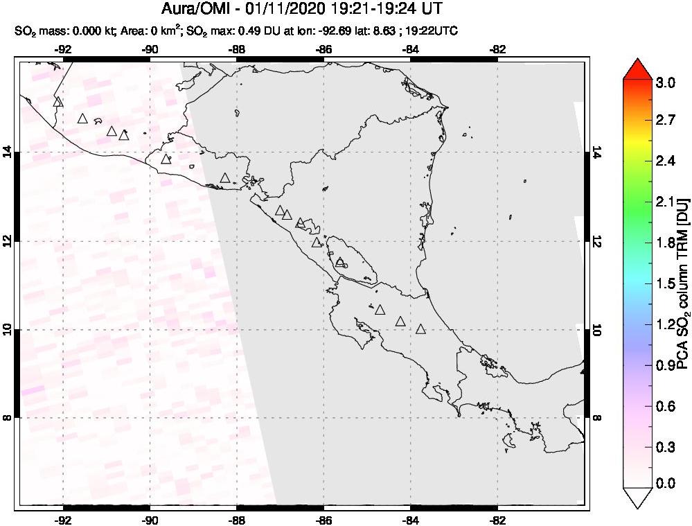 A sulfur dioxide image over Central America on Jan 11, 2020.