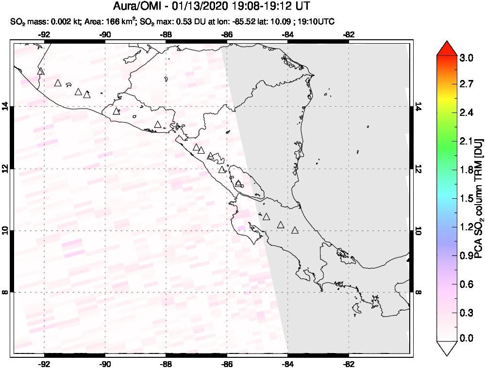 A sulfur dioxide image over Central America on Jan 13, 2020.