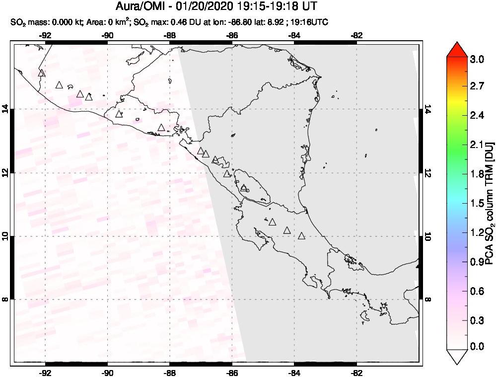 A sulfur dioxide image over Central America on Jan 20, 2020.