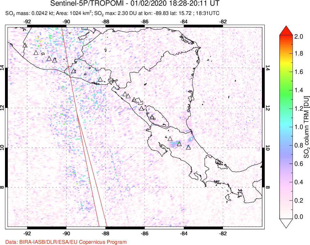 A sulfur dioxide image over Central America on Jan 02, 2020.
