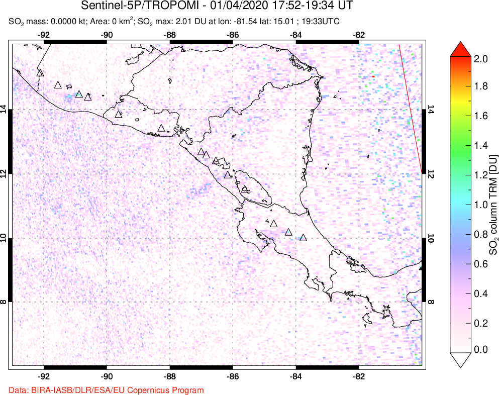 A sulfur dioxide image over Central America on Jan 04, 2020.