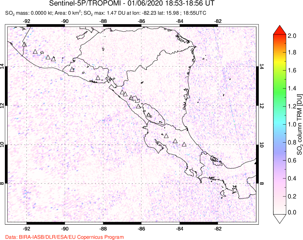 A sulfur dioxide image over Central America on Jan 06, 2020.