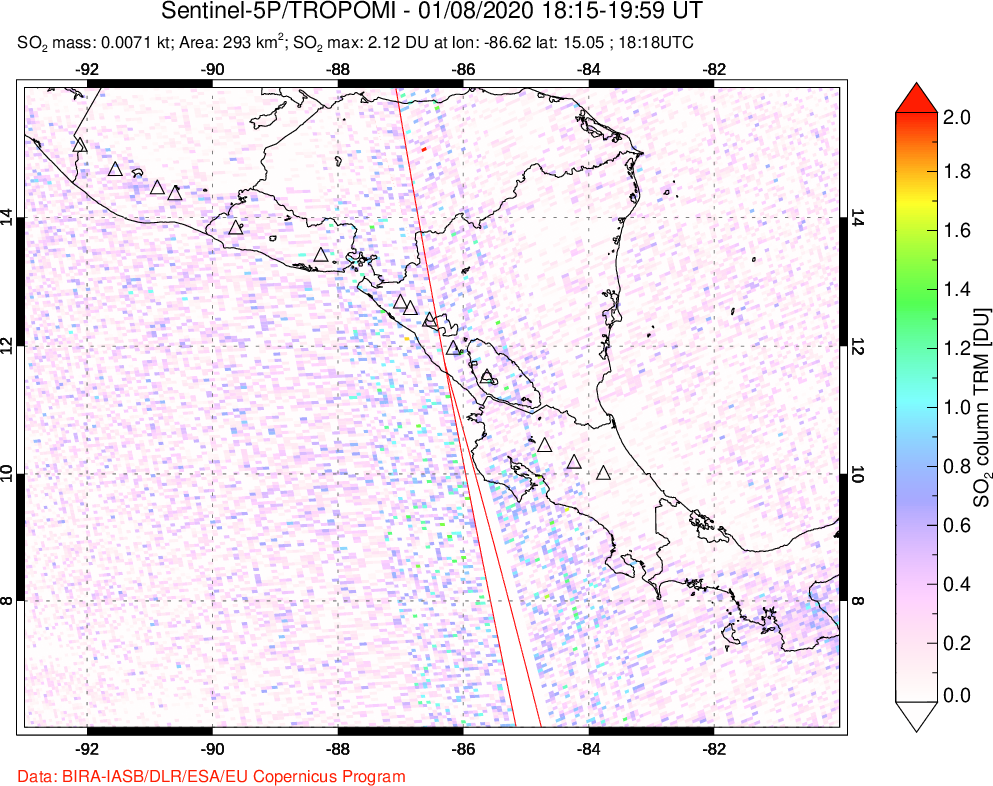 A sulfur dioxide image over Central America on Jan 08, 2020.