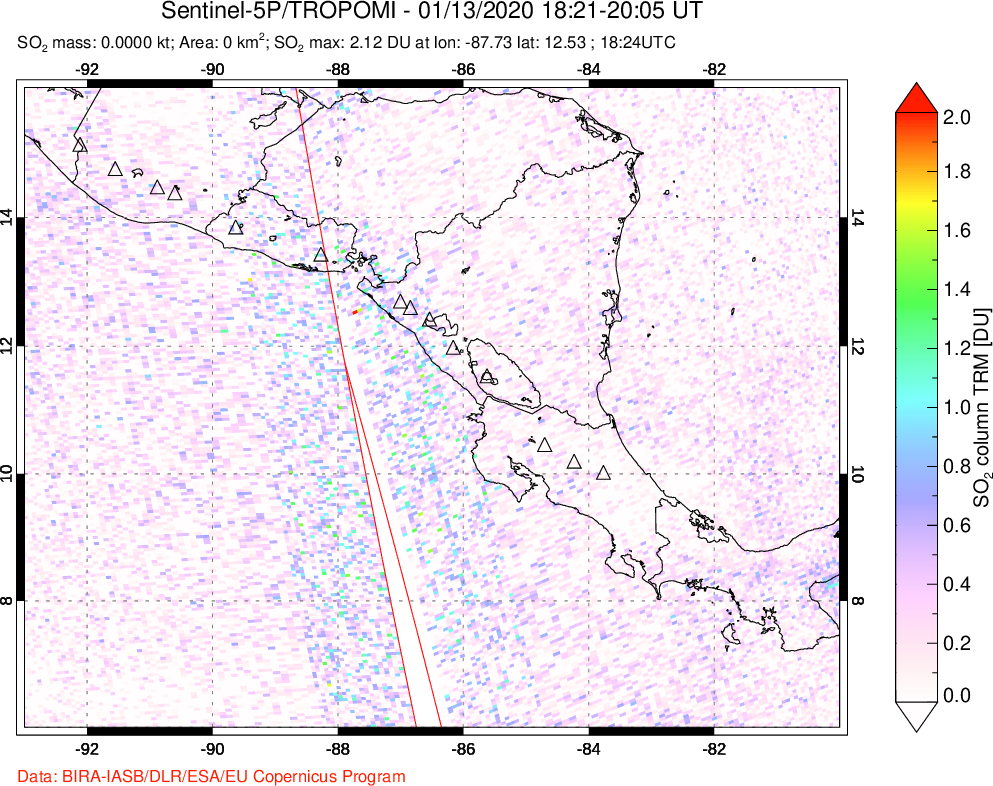 A sulfur dioxide image over Central America on Jan 13, 2020.