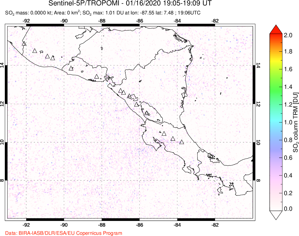 A sulfur dioxide image over Central America on Jan 16, 2020.