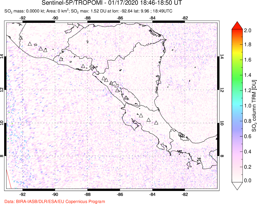A sulfur dioxide image over Central America on Jan 17, 2020.