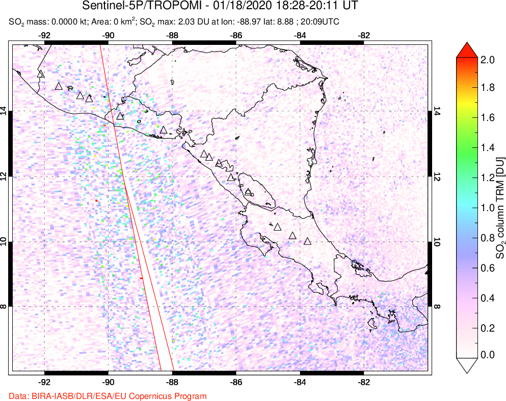 A sulfur dioxide image over Central America on Jan 18, 2020.