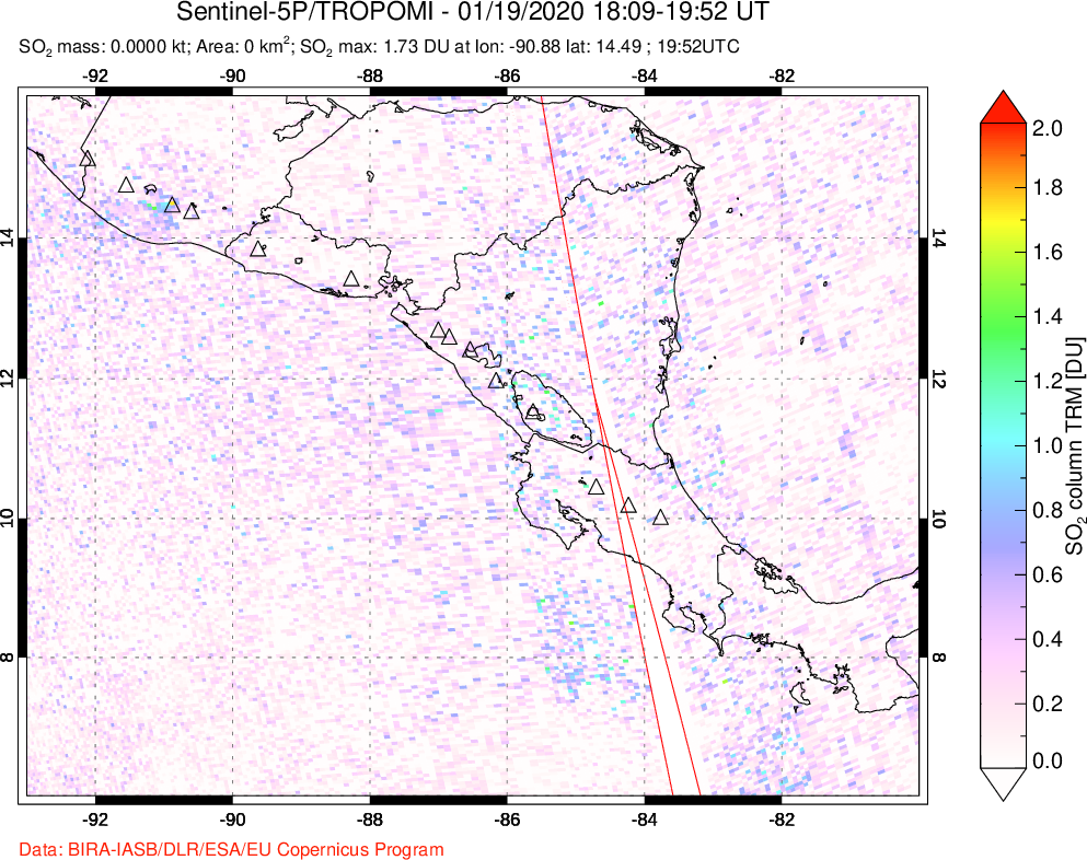 A sulfur dioxide image over Central America on Jan 19, 2020.