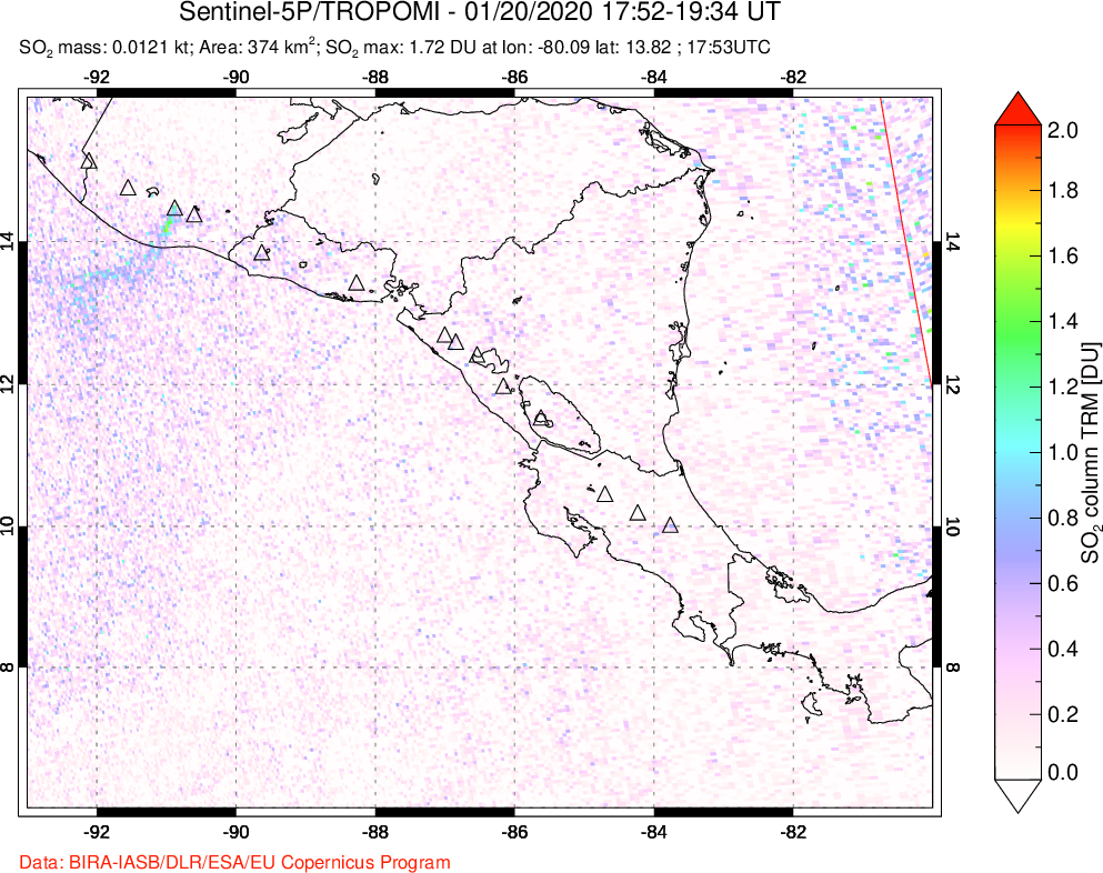A sulfur dioxide image over Central America on Jan 20, 2020.